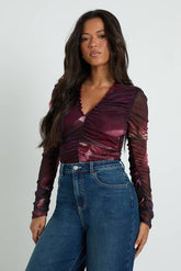 Floral Printed Mesh Ruched Neckline Long Sleeve Bodysuit