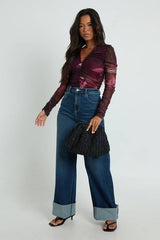 Floral Printed Mesh Ruched Neckline Long Sleeve Bodysuit