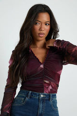 Floral Printed Mesh Ruched Neckline Long Sleeve Bodysuit