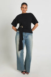 Plus Crepe Grown On Neck Gold Trim Belt Detail Short Sleeve Top