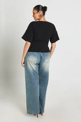 Plus Crepe Grown On Neck Gold Trim Belt Detail Short Sleeve Top