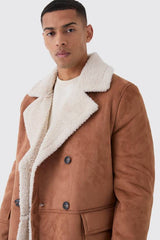 Borg Lined Double Breasted Overcoat in Tan