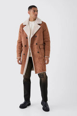 Borg Lined Double Breasted Overcoat in Tan