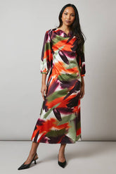 Multi Printed Cowl Neck 3/4 Sleeve Midi Dress