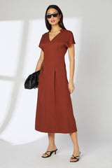 Brown Seam Detail Viscose Midi Dress