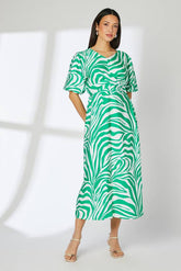 Green Animal Tie Front Midi Dress