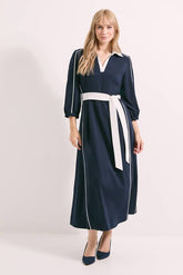 Contrast Detail Belted Midi Dress