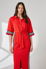 Red Rib Detail Tie Waist Shirt Dress