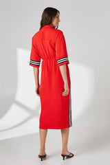 Red Rib Detail Tie Waist Shirt Dress