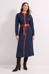Navy Satin Stripe Contrast Collar Belted Midi Dress