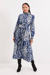 Leopard Print Piping Detail Tie Waist Midi Dress