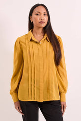 Mustard Collared Pintuck Detail Chiffon Shirt