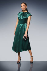 Green Twist Neck Asymmetric Hem Satin Midi Dress