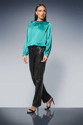 Gathered Neck Tie Waist Satin Blouse