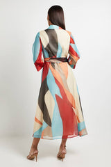 Abstract Print Belted Collared Shirt Dress