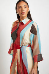 Abstract Print Belted Collared Shirt Dress