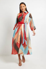 Abstract Print Belted Collared Shirt Dress