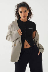 DSGN Studio Script Embroidery Ribbed Button Through Short Sleeve Top