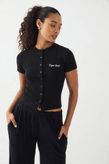 DSGN Studio Script Embroidery Ribbed Button Through Short Sleeve Top