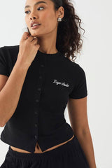 DSGN Studio Script Embroidery Ribbed Button Through Short Sleeve Top