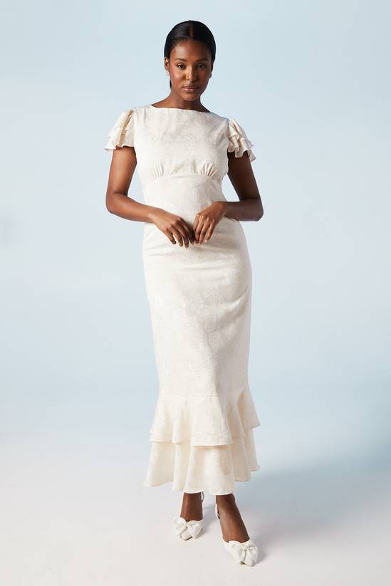 Satin Jacquard Flutter Sleeve Wedding Maxi Dress