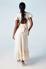 Satin Jacquard Flutter Sleeve Wedding Maxi Dress