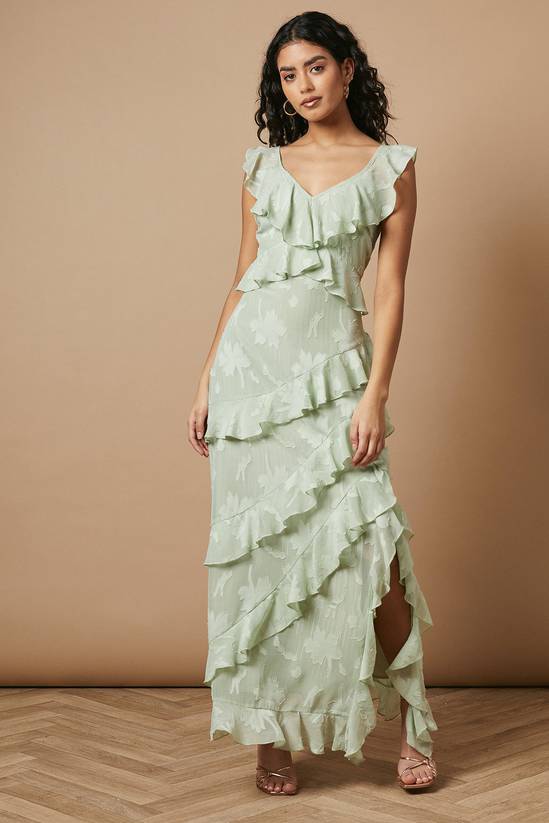 Petite Ruffle Jacquard Print Maxi Dress