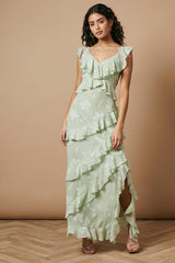 Petite Ruffle Jacquard Print Maxi Dress