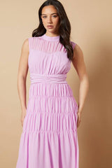 High Neck Occasion Ruched Chiffon Midi Dress