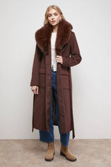Buckle Detail Faux Fur Collar Belted Coat