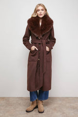 Buckle Detail Faux Fur Collar Belted Coat