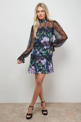 Printed Lace Tiered High Neck Balloon Sleeve Mini Dress