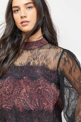 Printed Lace Tiered High Neck Balloon Sleeve Mini Dress