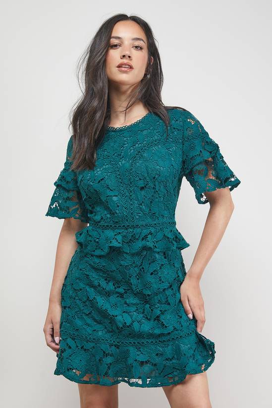 Lace Trim Detail Frill Sleeve Mini Dress