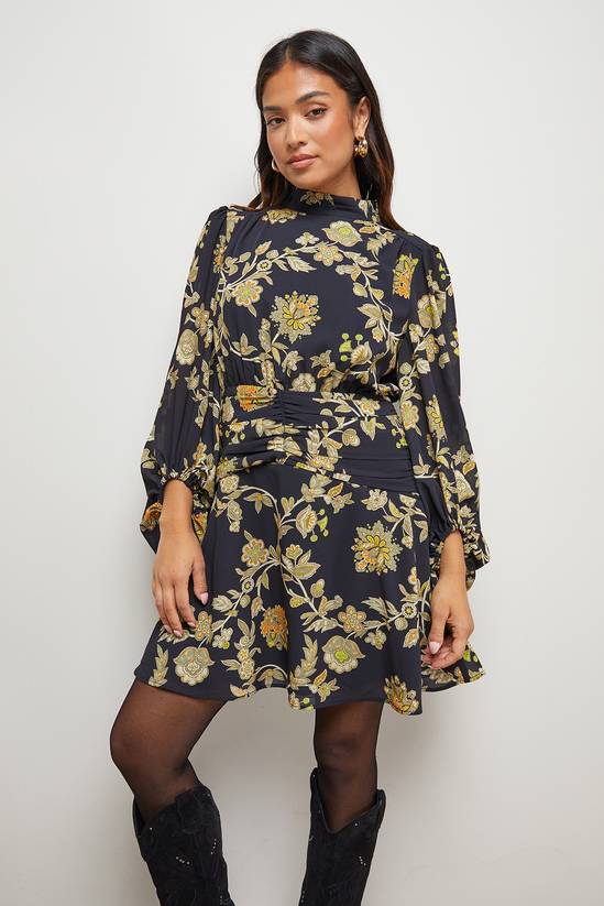 Petite High Neck Gathered Waist Balloon Sleeve Mini Dress