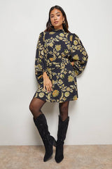 Petite High Neck Gathered Waist Balloon Sleeve Mini Dress