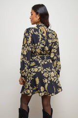Petite High Neck Gathered Waist Balloon Sleeve Mini Dress