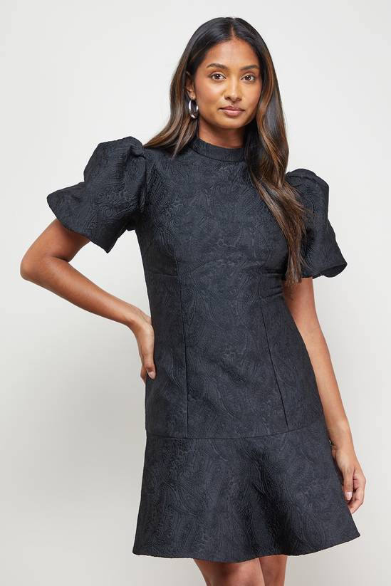 Paisley Jacquard Puff Sleeve Mini Dress