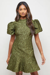 Paisley Jacquard Puff Sleeve Mini Dress