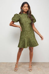 Paisley Jacquard Puff Sleeve Mini Dress