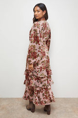 Devore Tiered Puff Sleeve Midi Tea Dress