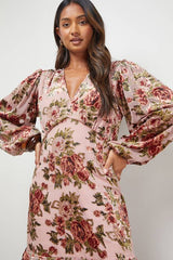 Devore Tiered Puff Sleeve Midi Tea Dress