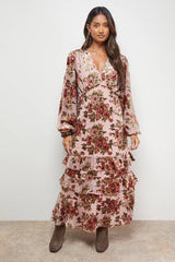 Devore Tiered Puff Sleeve Midi Tea Dress
