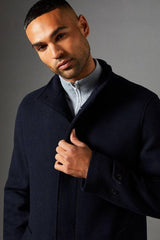 Navy Signature Funnel Neck Wool Blend Coat