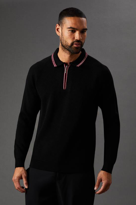 Fine Gauge Long Sleeve Zip Neck Knitted Polo