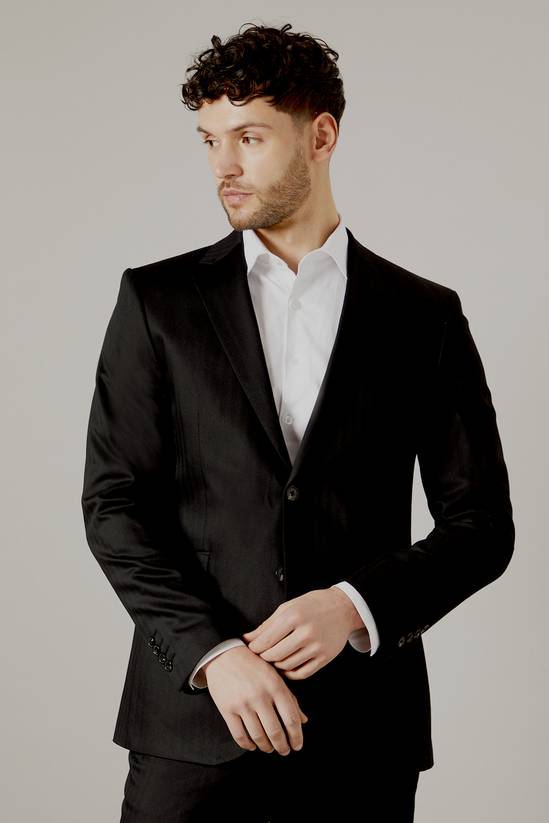 Black Herringbone Tailored Fit Suit Jacket