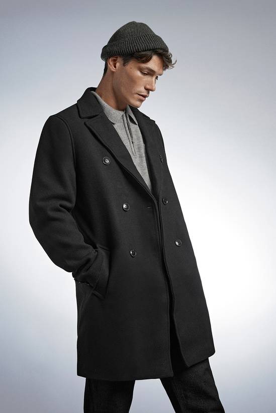 Black Double Breasted Wool Blend Coat