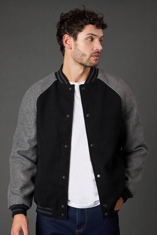 Black Wool Look Varsity Bomber Jacket