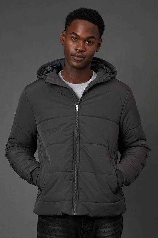 Dark Grey Quilted Padded Hooded Jacket