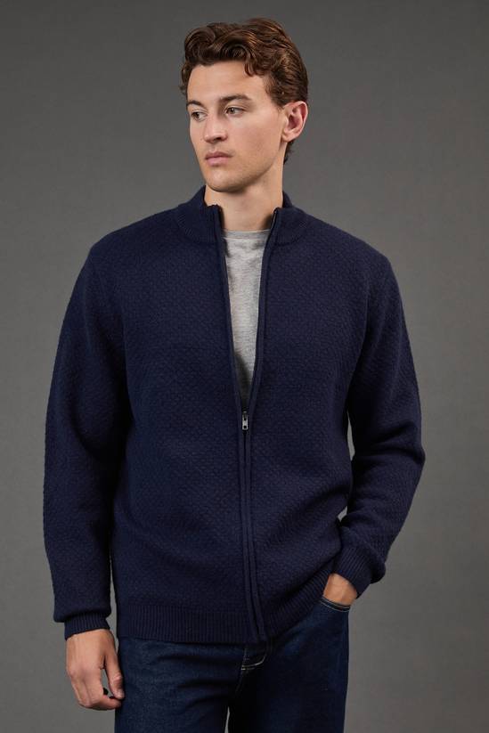 Navy Funnel Neck Knitted Zip Through Jumper